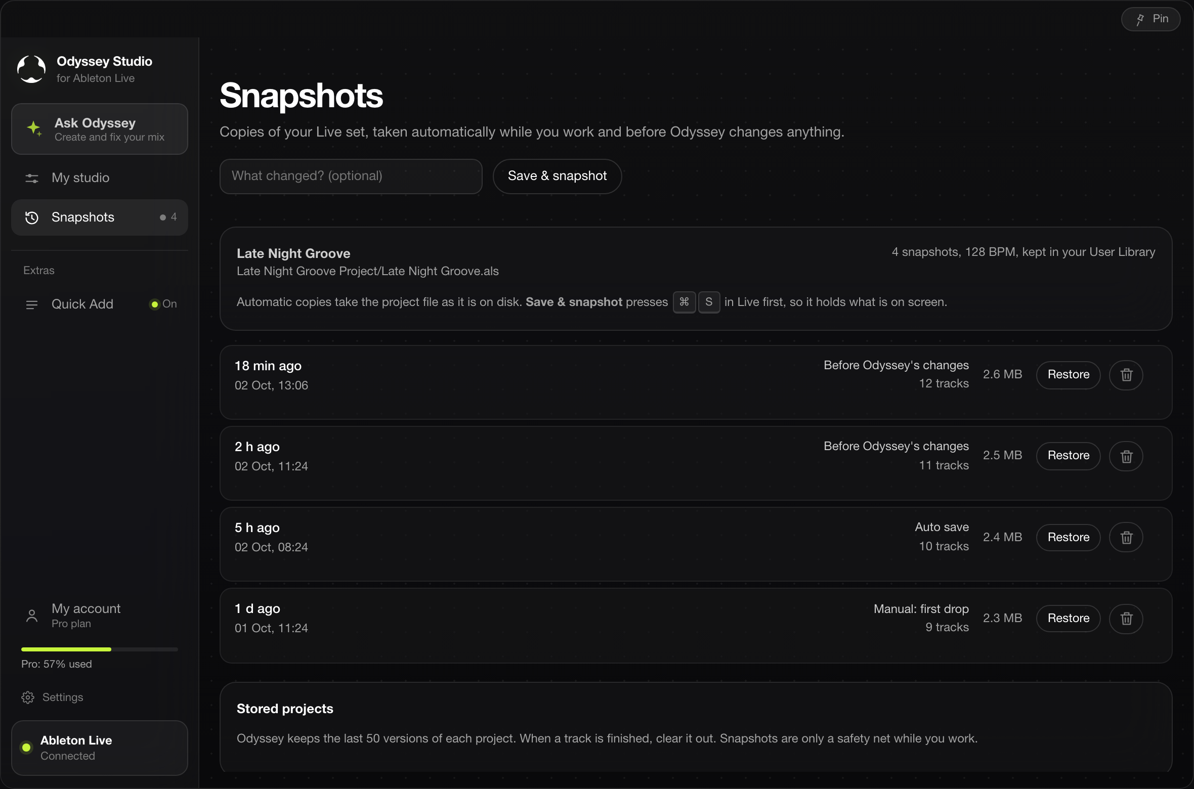 Snapshots in Odyssey Studio: automatic copies of the Live set taken before each change, each with a Restore button