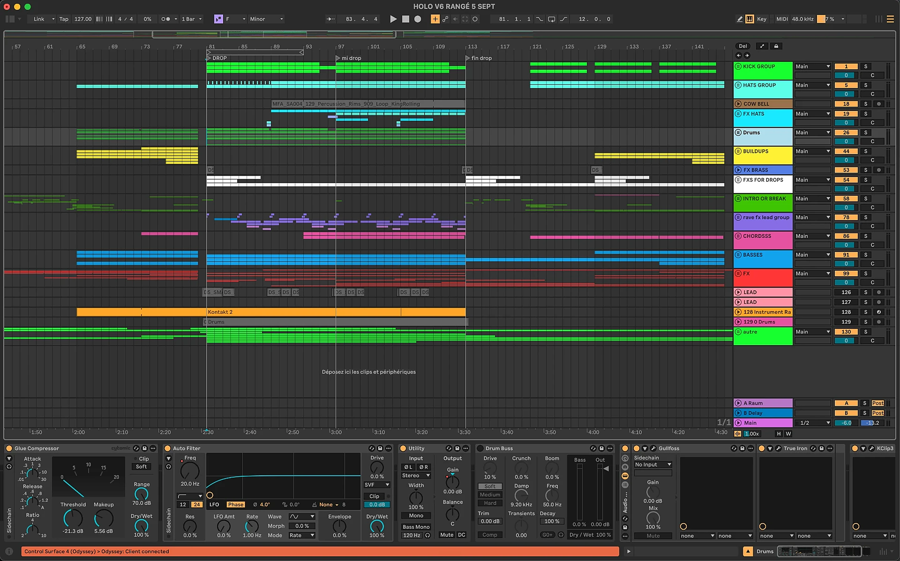 Ableton Live arrangement with MIDI clips, audio tracks and devices